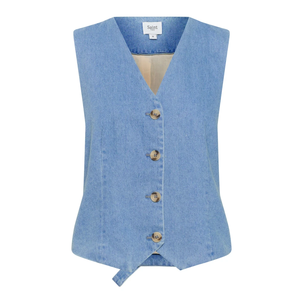 Saint Tropez Blauwe Vest met V-Hals en Knopen Blue Dames