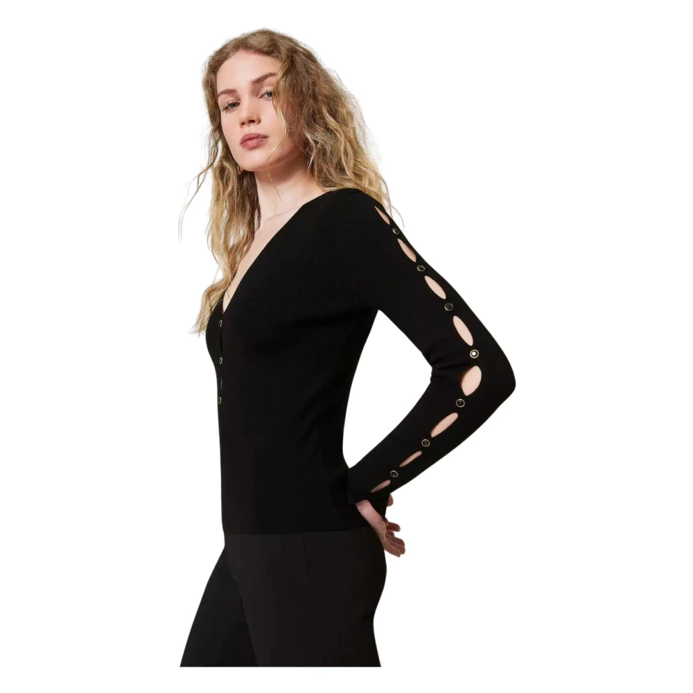 Twinset Zwarte Trui met Studs en V-Hals Black Dames