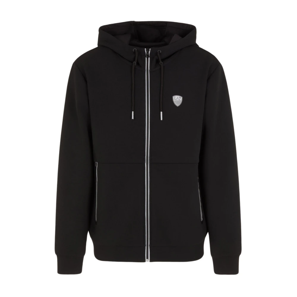 Emporio Armani EA7 Zwarte Zip Hoodie met Logo Patch Black Heren