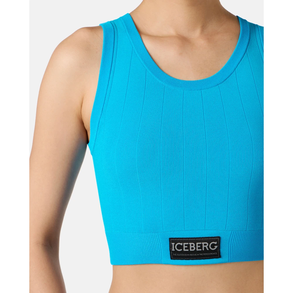Iceberg Turquoise actieve top in geribbeld breisel met logo Blue Dames