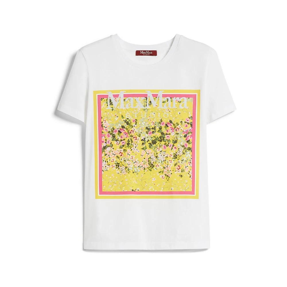 Max Mara Witte Katoenen T-shirt met Gele Sjaalprint White Dames