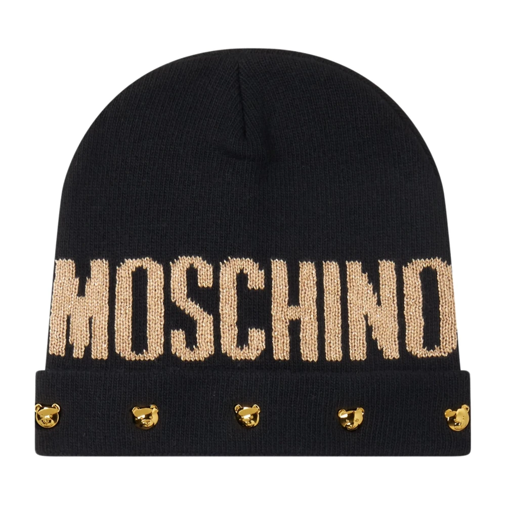 Moschino Zwarte wollen hoed met geborduurd logo Black Dames