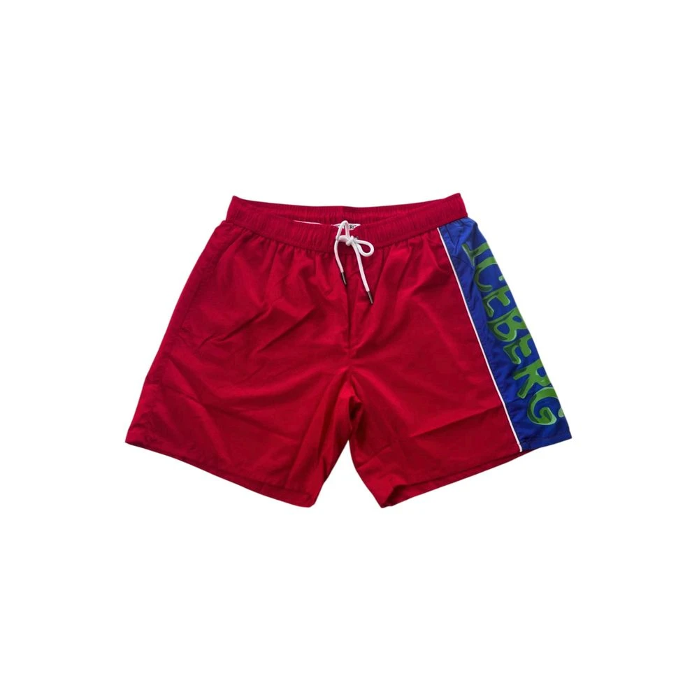 Iceberg Men's Red Beachwear, L, Polyester Swim Shorts