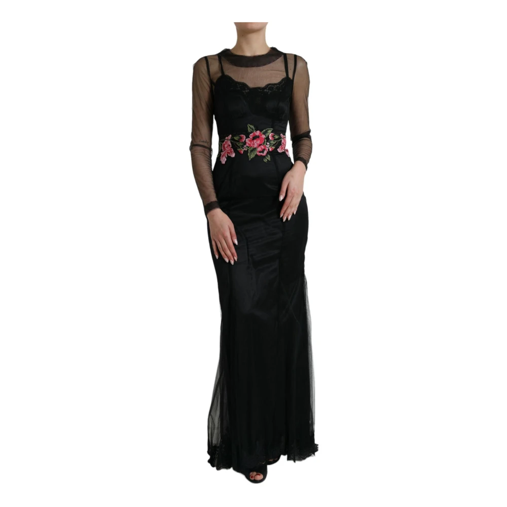Dolce & Gabbana Elegant Bloemenborduurwerk Tule Lange Avondjurk Black Dames