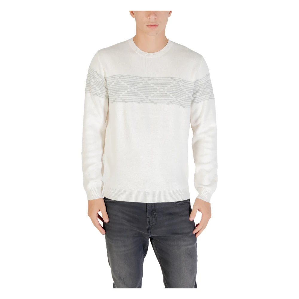 Antony Morato Men's Beige Round-Neck Knitwear, M, Geometric Band Jumper