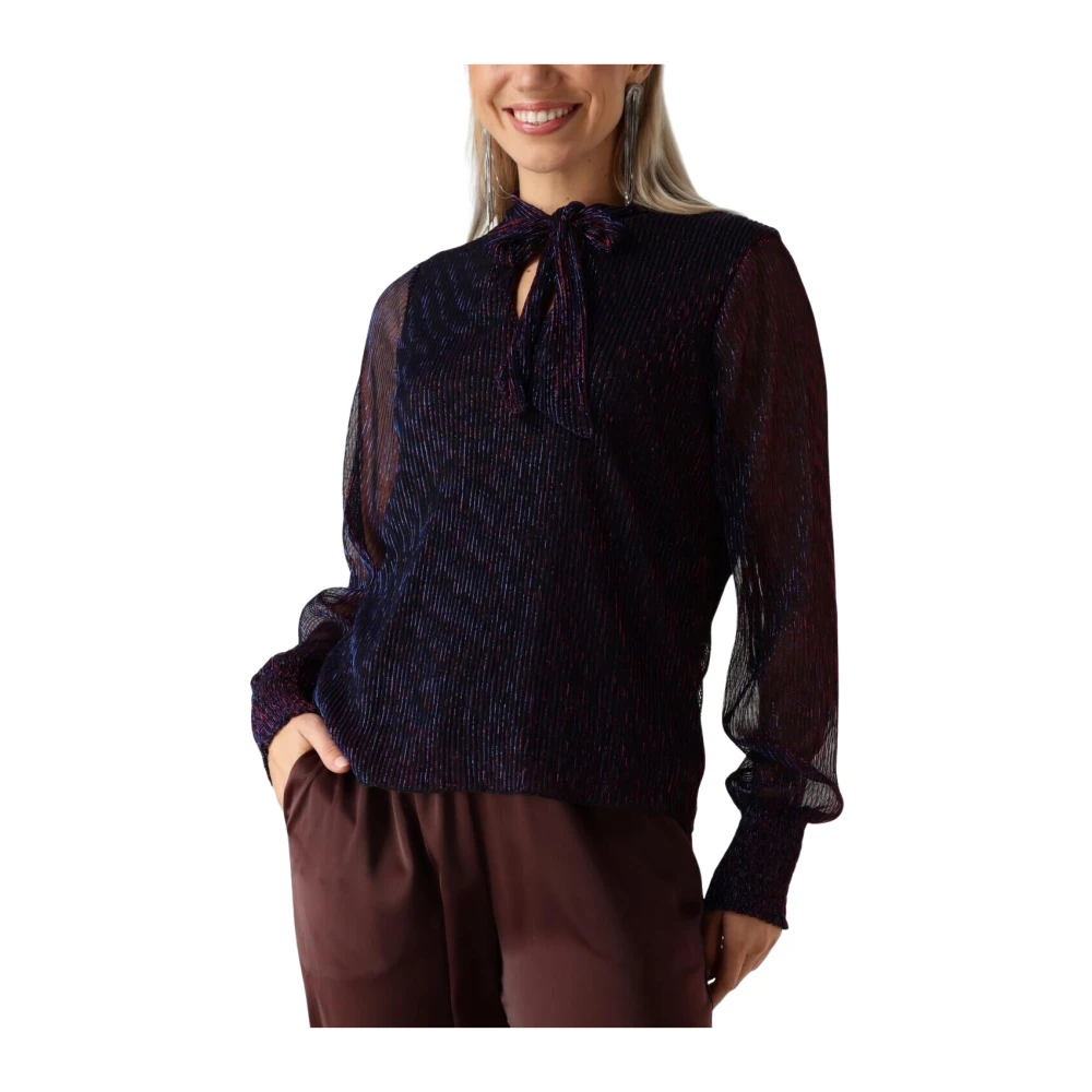 Freebird Metallic Blauwe Blouse met Roze Streep Blue Dames