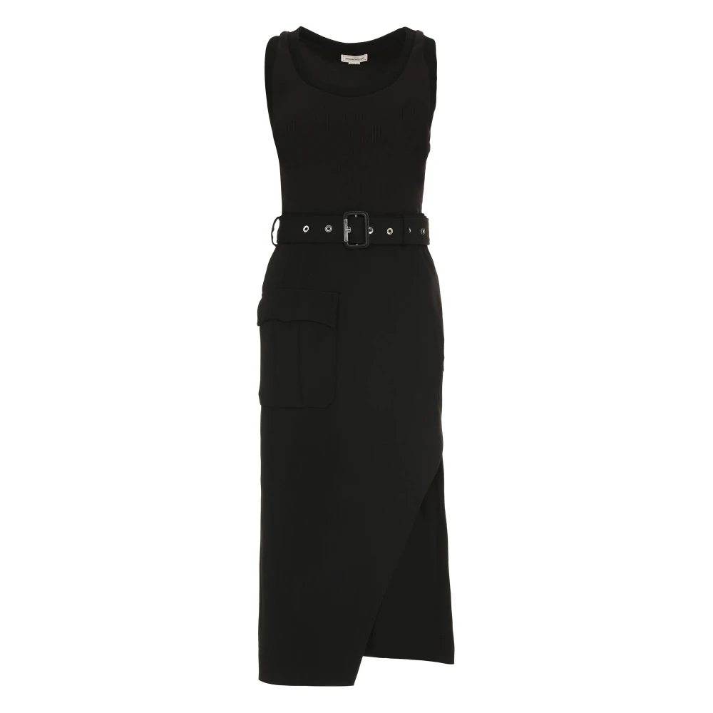 Alexander mcqueen Katoenen jurk met riem en zak Black Dames
