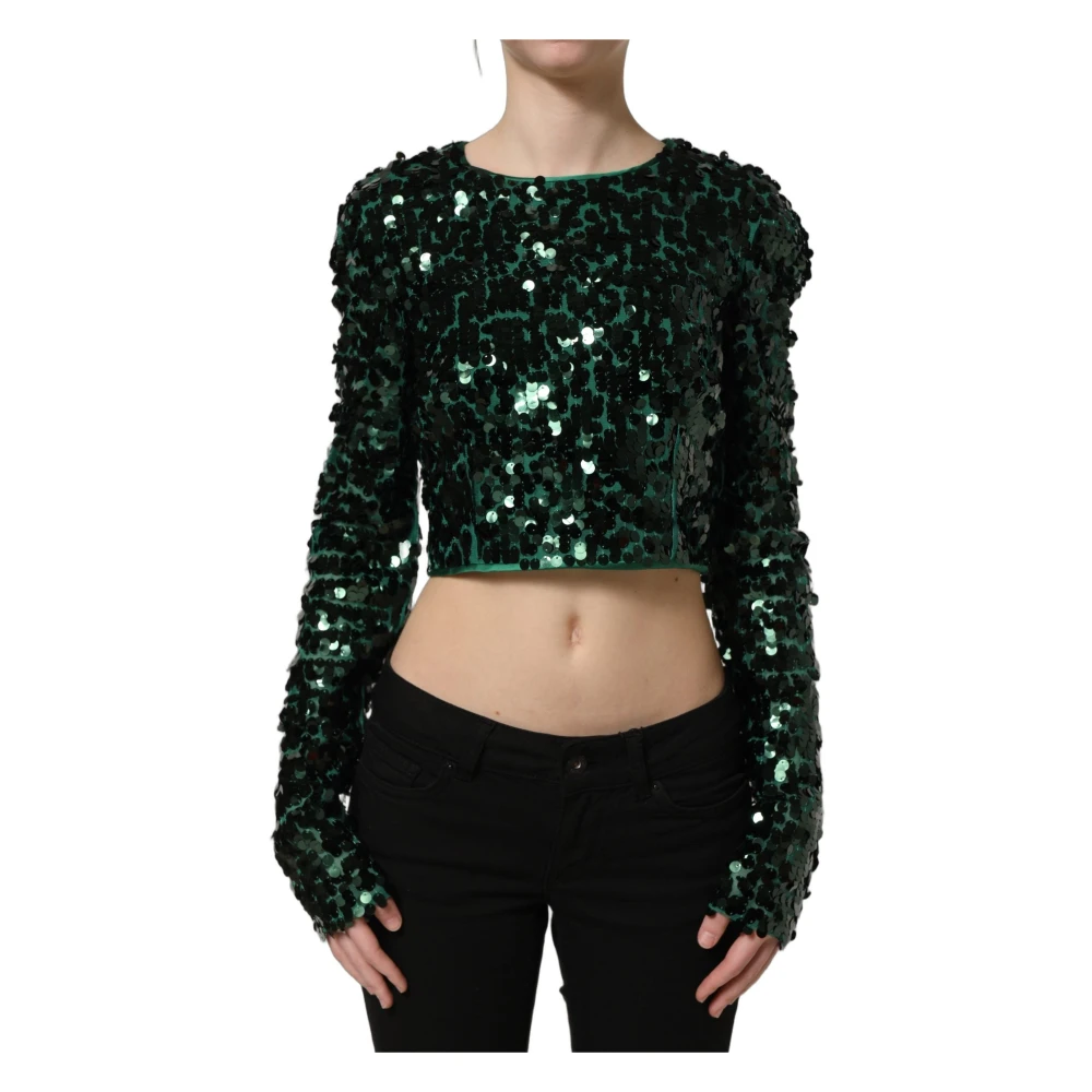 Dolce & Gabbana Green Sequined Long Sleeves Crop Blouse Top - Female - Blouses - Xs - Blouses & Shirts