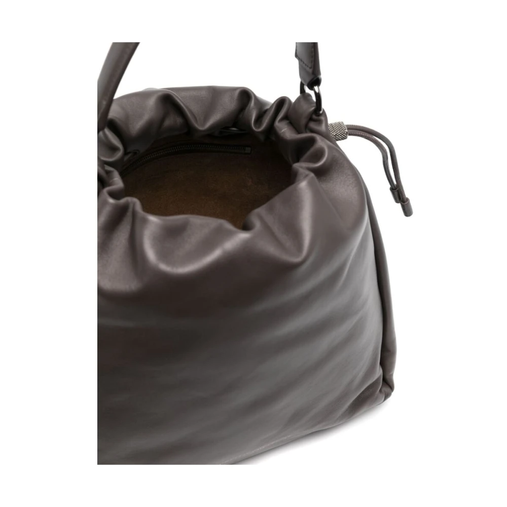BRUNELLO CUCINELLI Grijze Leren Kettingdetail Trekkoord Tas Gray Dames