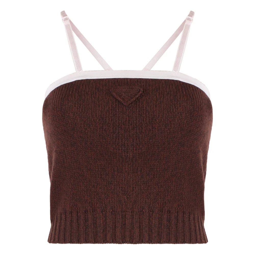 Prada Ribbed Knit Wool Cashmere Top - Female - Sleeveless Tops - Brown - S - Tops