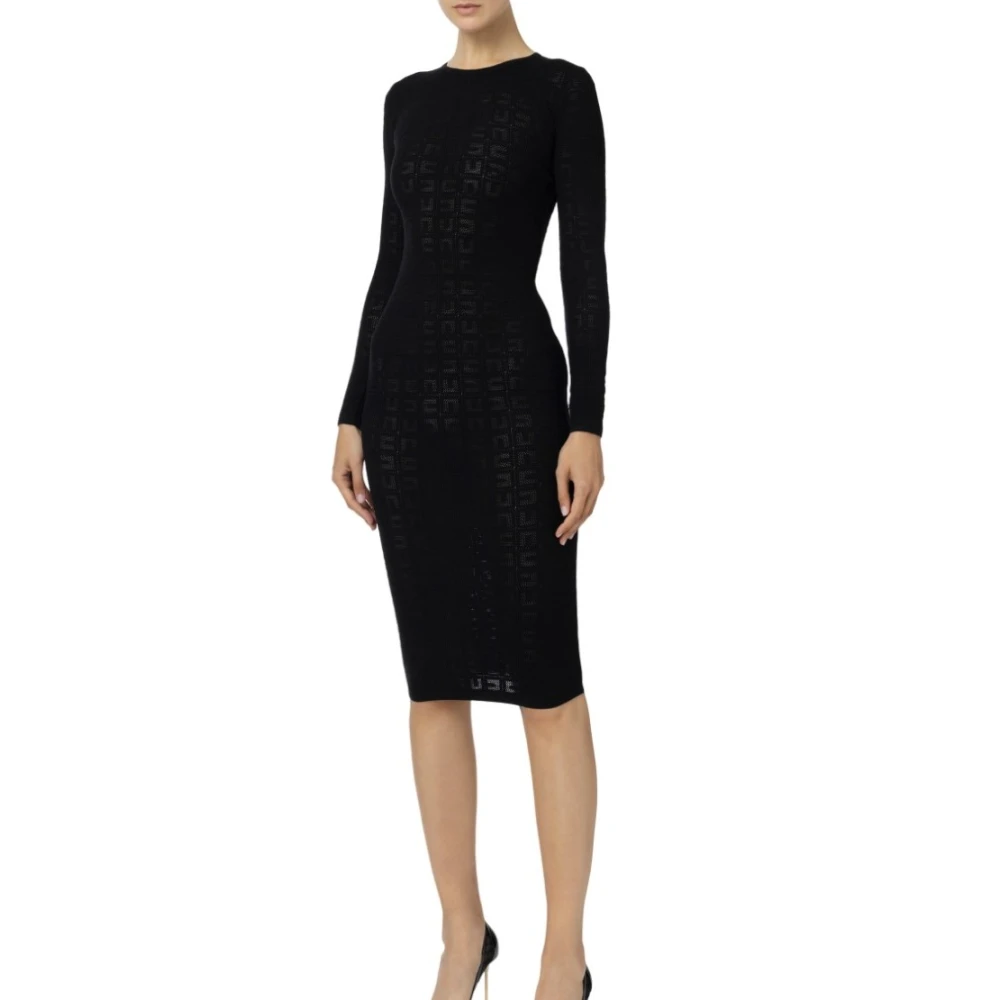 Elisabetta Franchi Zwarte Logo Midi Jurk met Lange Mouwen Black Dames