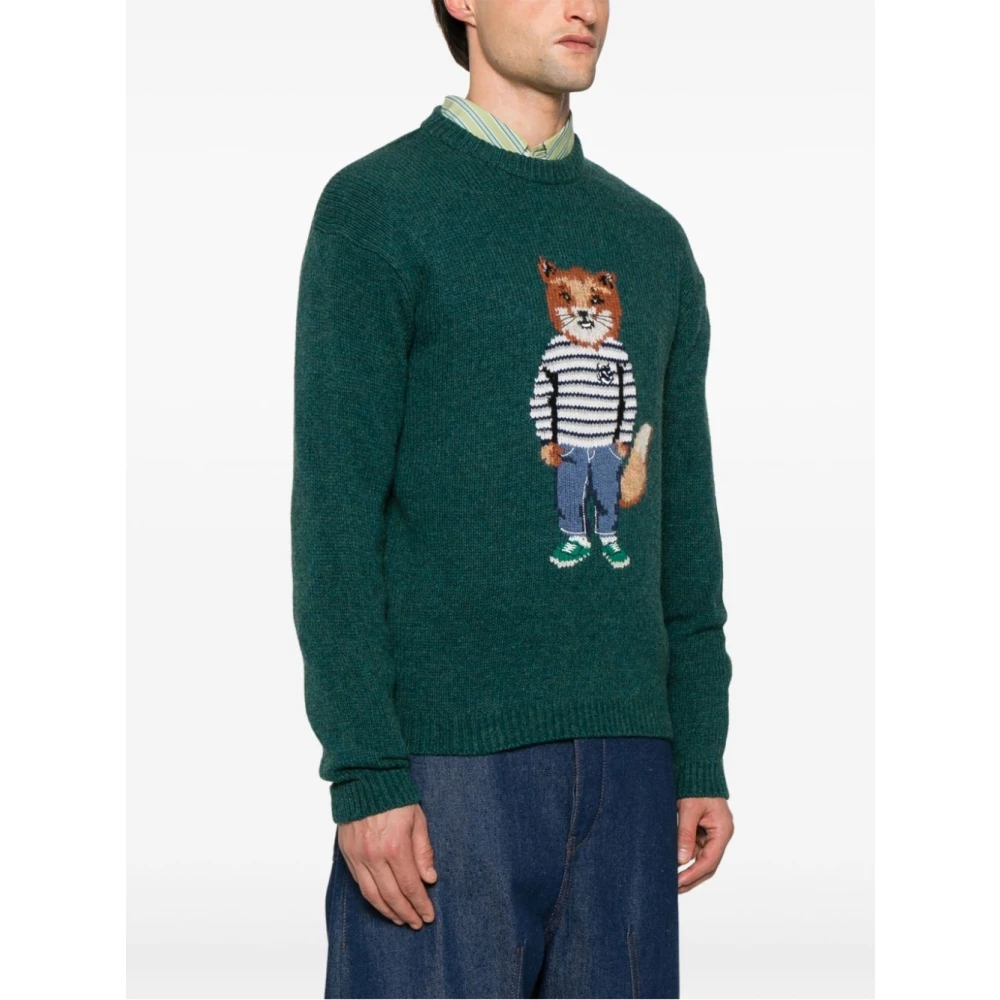 Maison Kitsuné Vos Intarsia Trui in P373 Kleur Green Heren