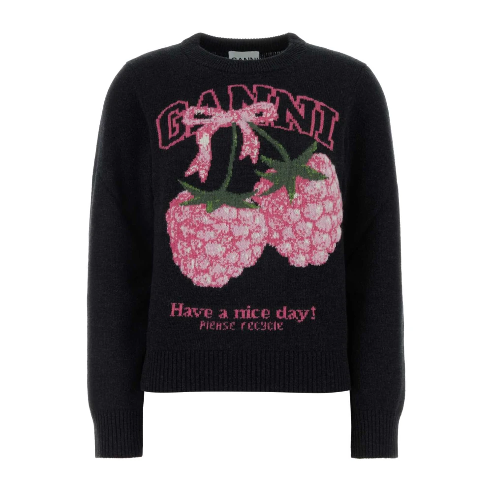 Ganni Women's Black Round-Neck Knitwear, M, Graphic Jumper
