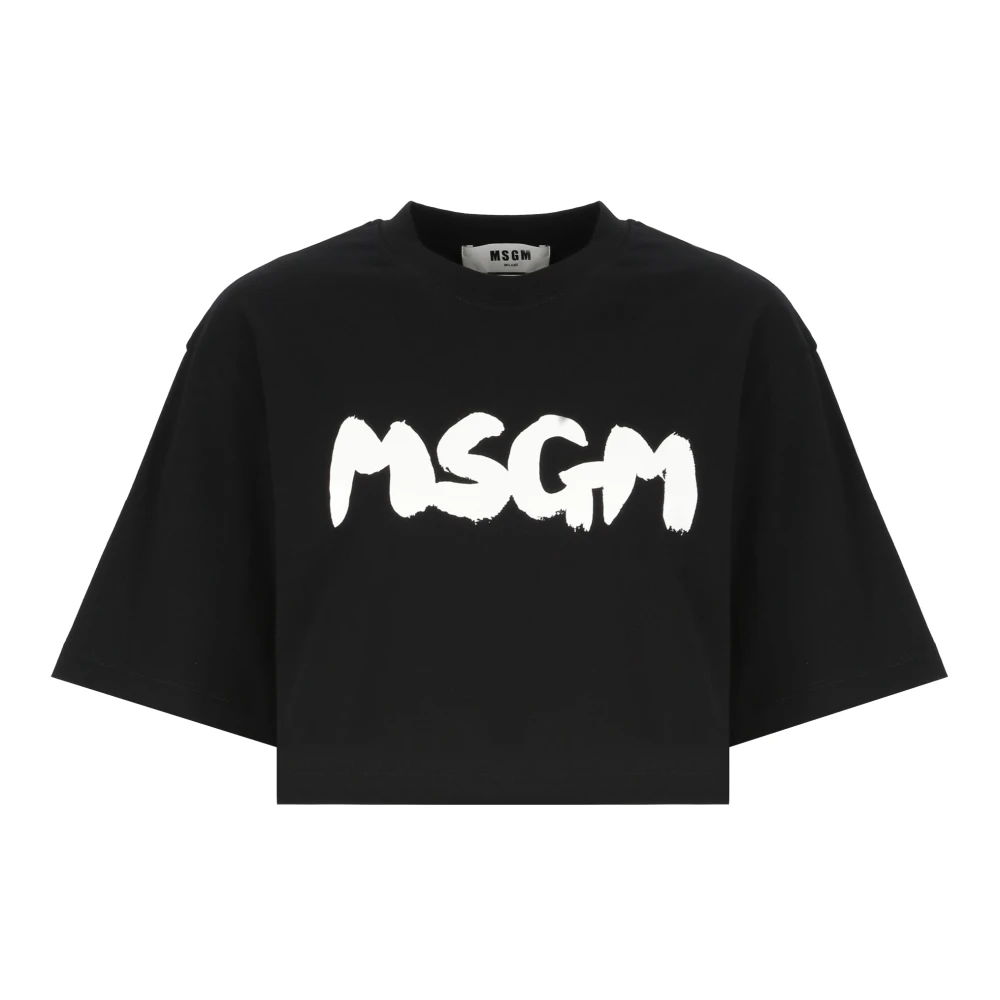 Msgm Zwart Katoenen T-shirt met Logo Black Dames