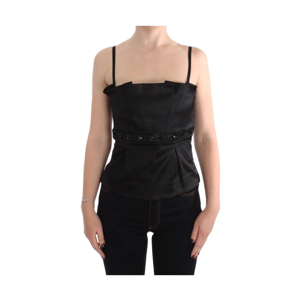 Exte Black Sleeveless Tops, Female, Xs, Satin Pleated Elegant Top