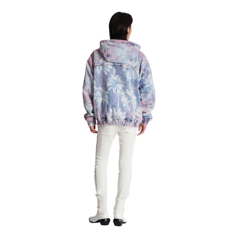 Balmain Denim Hooded Bomber Jacket met Palmboomprint Multicolor Heren