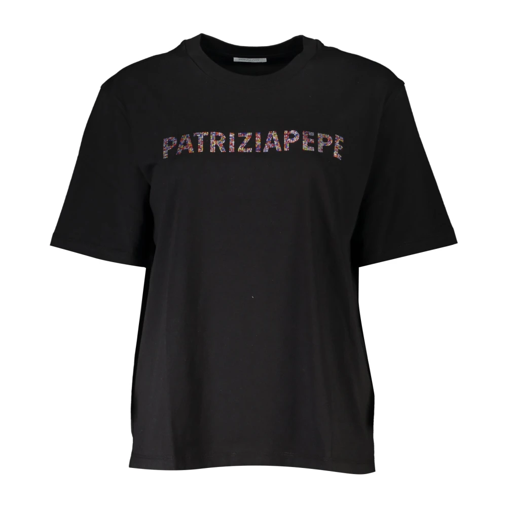 PATRIZIA PEPE Katoenen T-shirt met korte mouwen en strass logo Black Dames