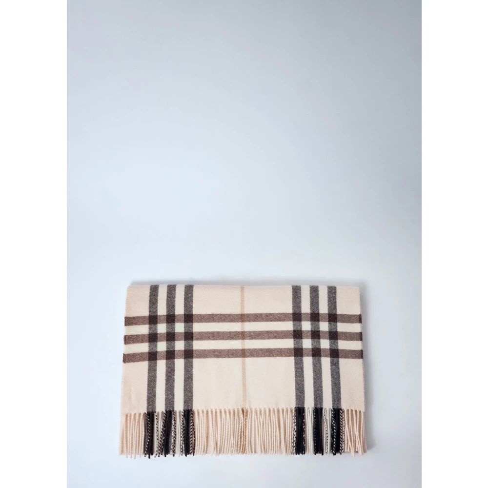 Burberry Geruit Kasjmier Sjaal Franje Zoom Beige Dames