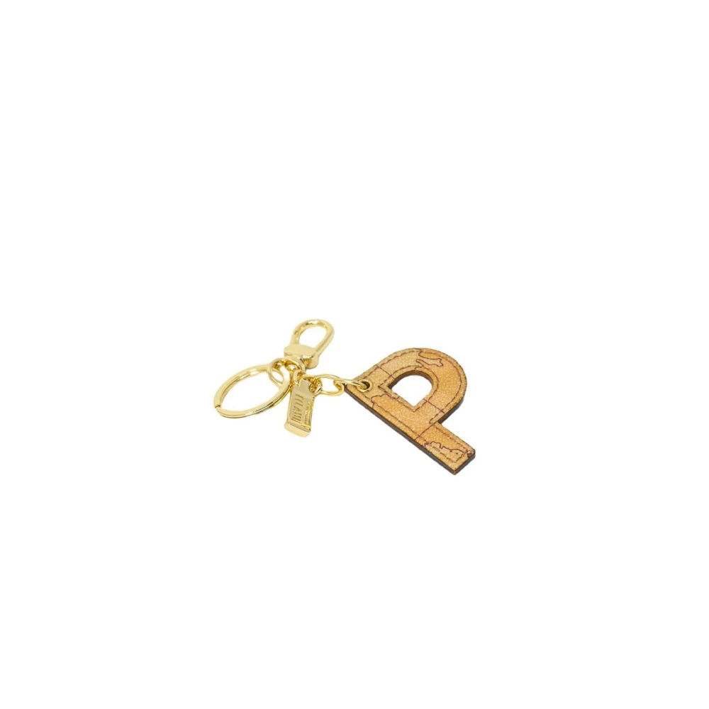 Alviero Martini 1a Classe Kaartontwerp Leren Sleutelhanger Elegant Accessoire Beige Dames
