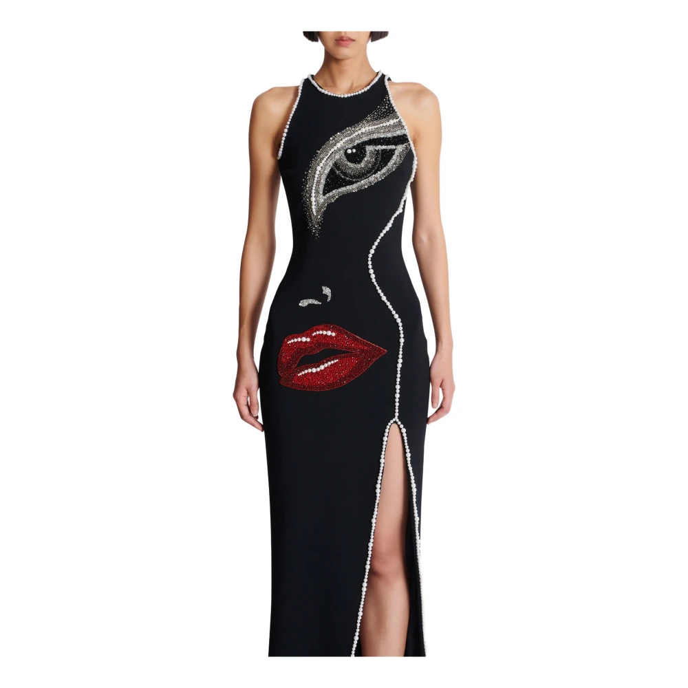 Balmain Lange geborduurde jurk met gezichtsmotief Black Dames