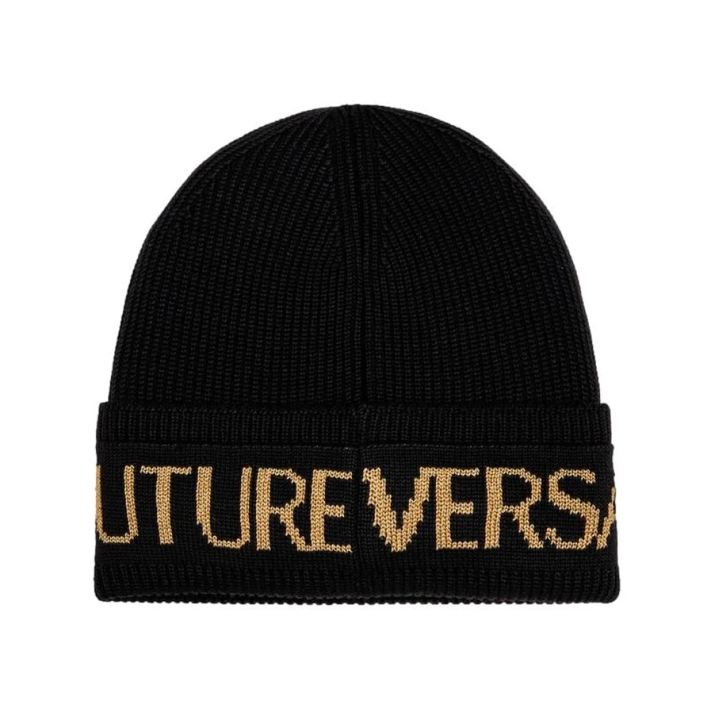 Versace Jeans Couture Unisex Black Accessories, One Size, Intarsia Logo Ribbed Beanie