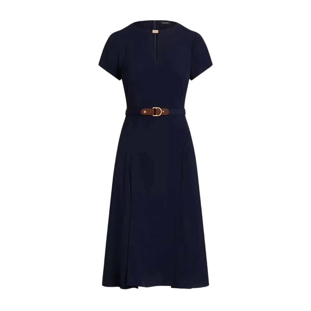 Ralph Lauren Navy blauwe midi jurk met riem Blue Dames