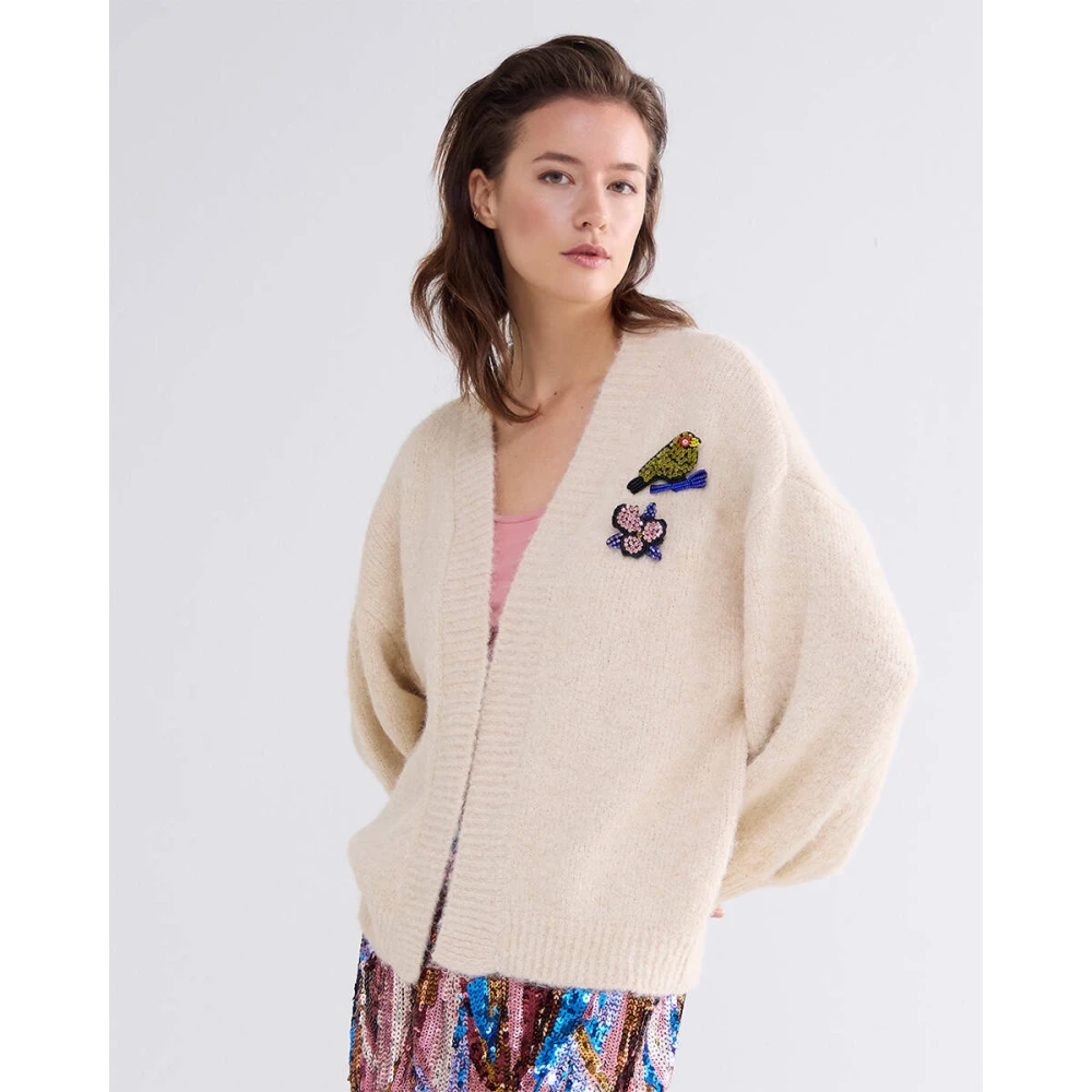 Summum Woman Gezellig Melange Gebreid Vest met Broches Beige Dames