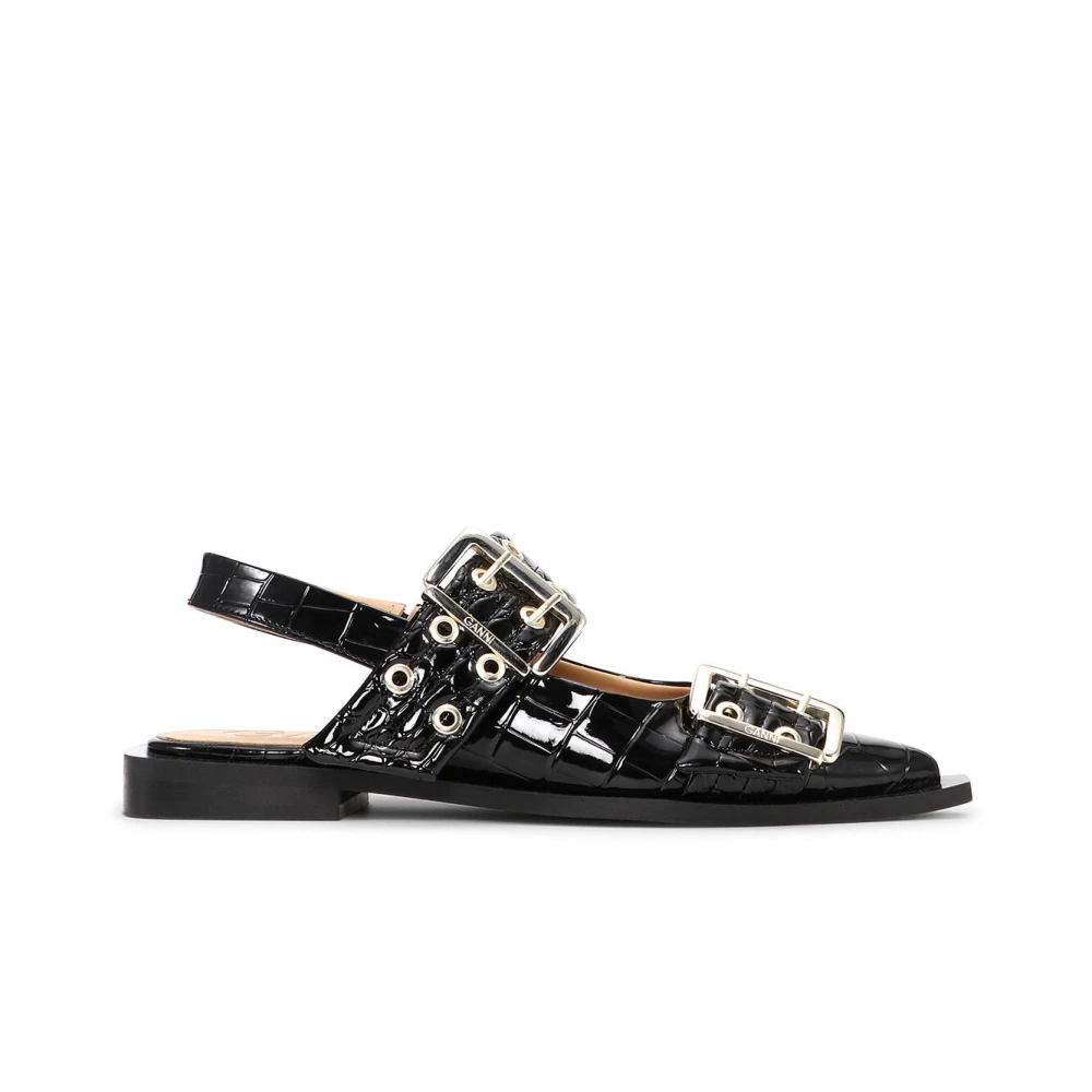 Ganni Women's Black Croco Patent Ballerina Shoes - Ballerina Shoes - 3 Uk - Shoes