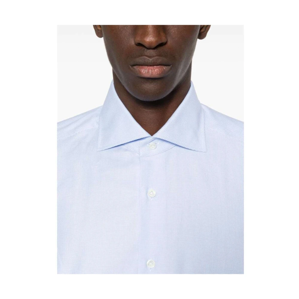 Mazzarelli Blauw Jacquard Katoenen Overhemd Blue Heren