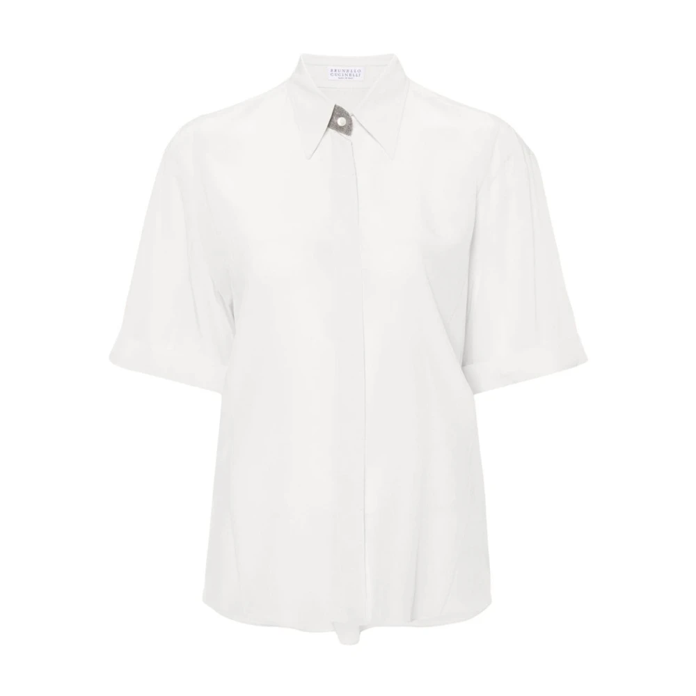 BRUNELLO CUCINELLI Ivoor Crepe de Chine Shirt met Monile Detail White Dames