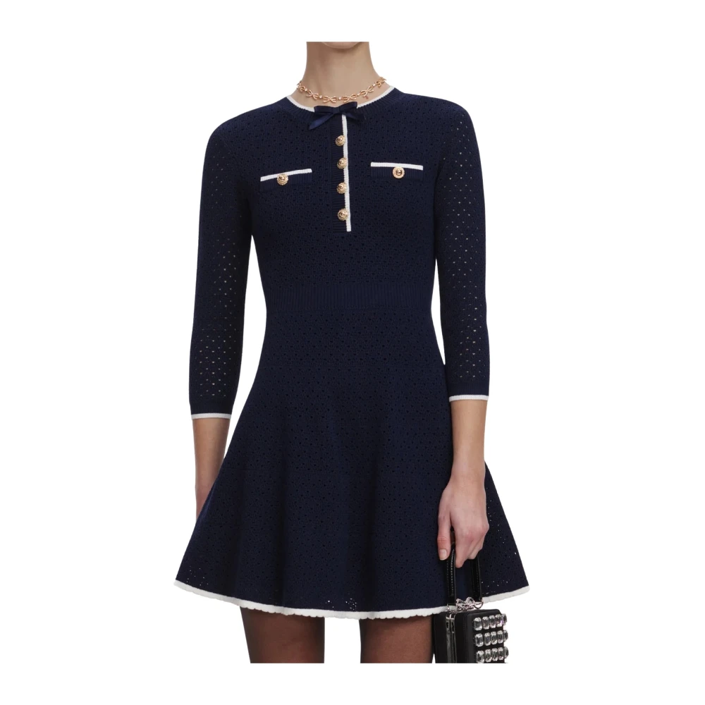 Self Portrait Women's Blue Pointelle Knit Mini Dress - Knitted Dresses - L - Dresses