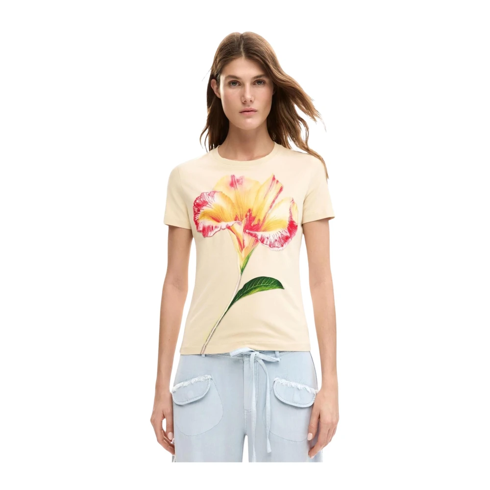 Desigual Beige T-Shirt Med Korta Ärmar Och Blommigt Tryck Med Rund Hals