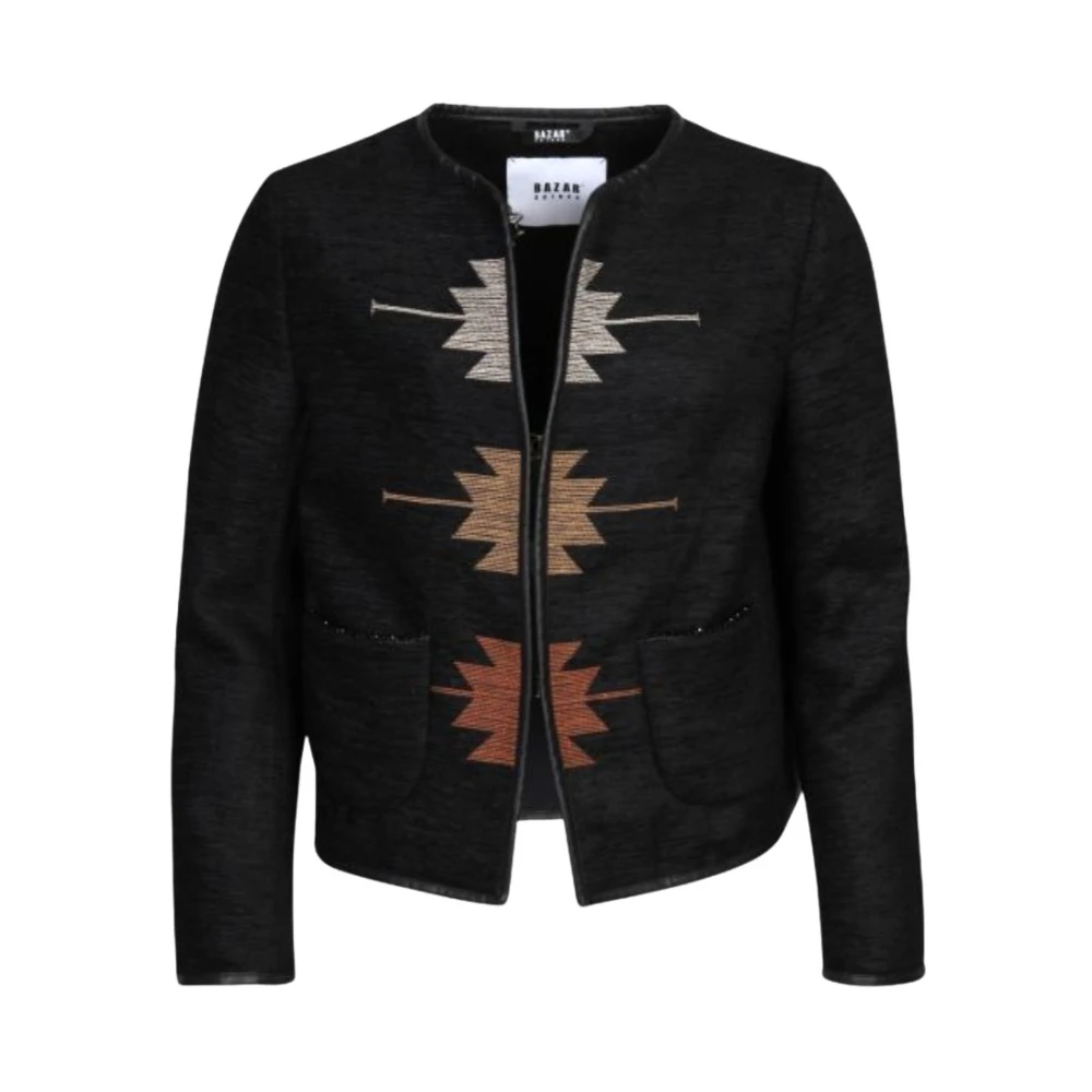 Bazar deluxe Geborduurd Bouclé Kraagloos Jas Black Dames