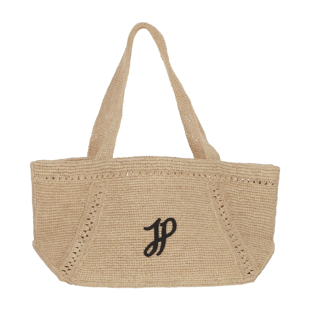 Patou Beige Raffia Tote Bag With Embroidered Logo - Female - Shoulder Bags - One Size - Bags