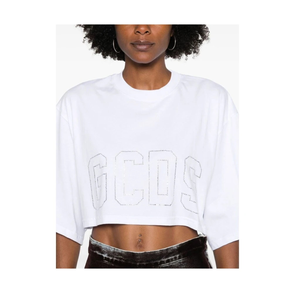 Gcds Wit Logo Rhinestone Crew Neck T-shirt White Dames