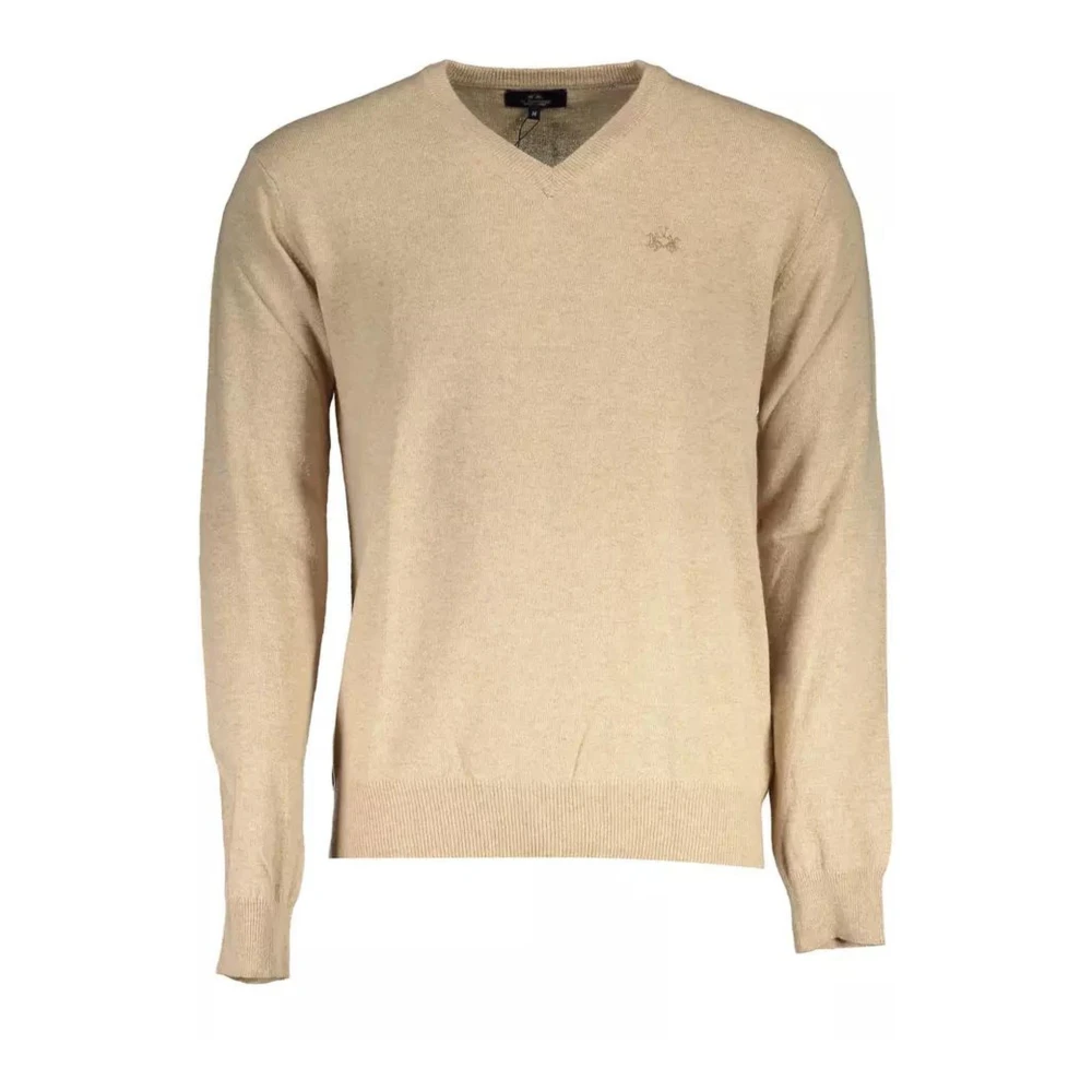 La Martina Men's Beige V-Neck Knitwear,, Embroidered Wool Shirt Long Sleeves Men 2XL
