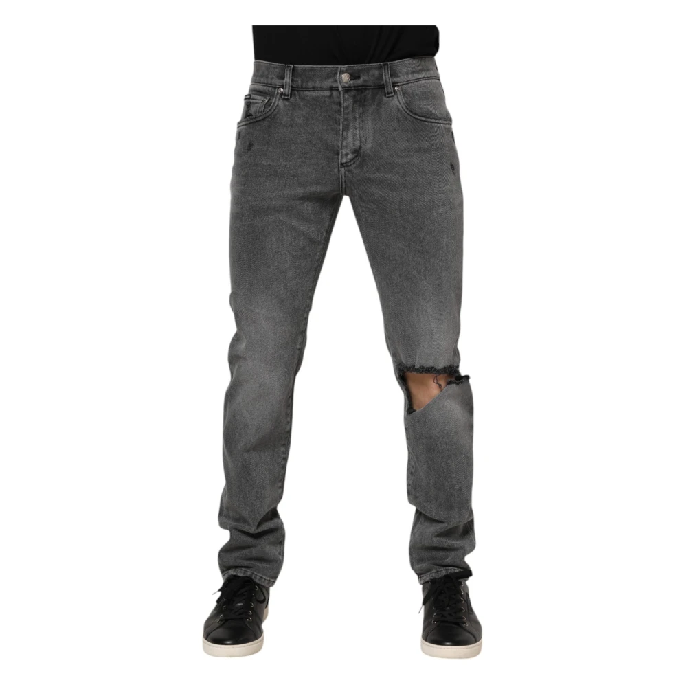 Dolce & Gabbana Men's Gray Logo Plaque Denim Skinny Jeans