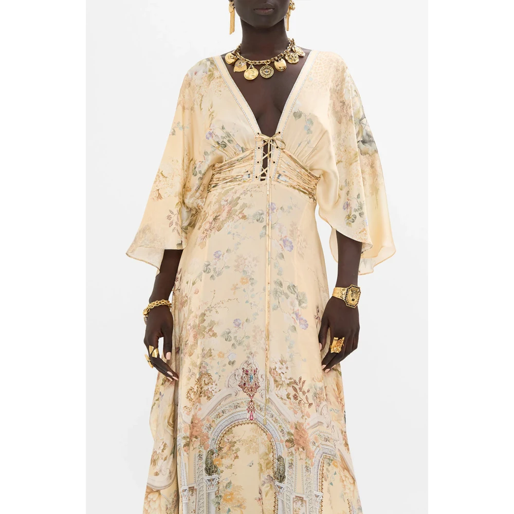 Camilla V-hals veter lange jurk Beige Dames