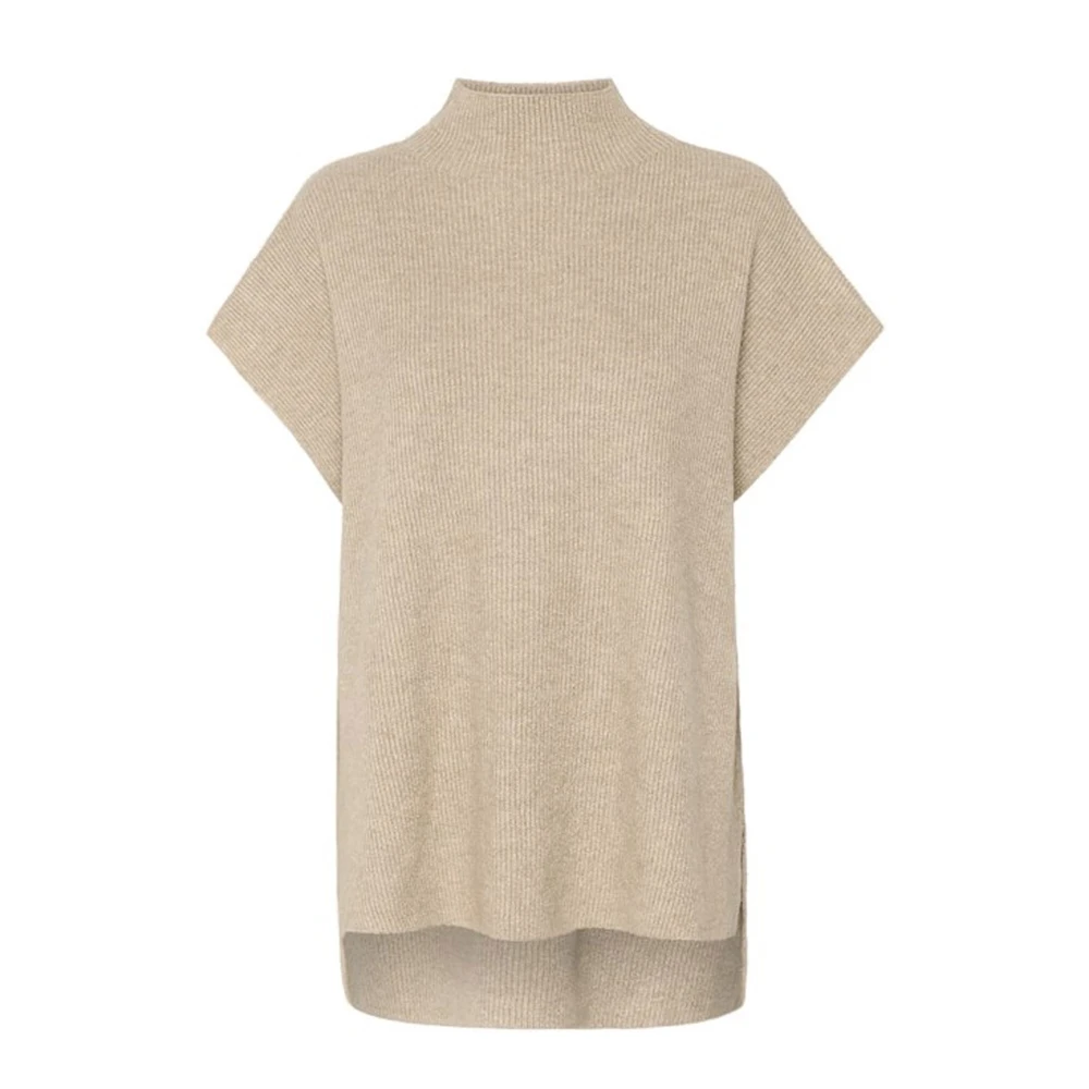 Cream Beige Melange Gebreide Slipover Trui Beige Dames