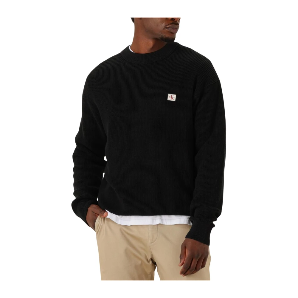 Calvin Klein Men's Black Cotton Waffle Crewneck Jumper - Round-Neck Knitwear - L - Knitwear
