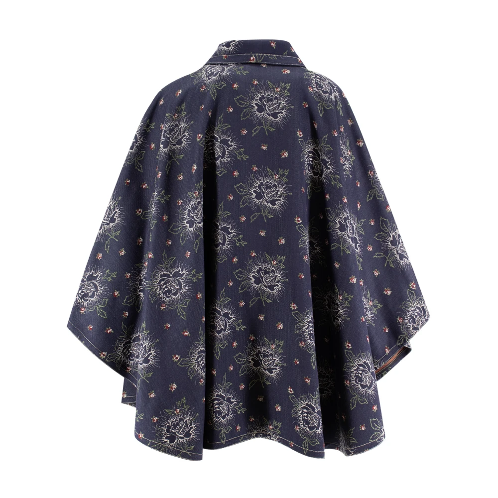 ETRO Bloemen Jacquard Denim Cape met Pegasus knopen Blue Dames