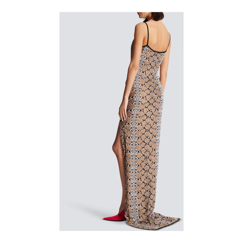 Balmain Lange jurk met slangenprint en bandjes Brown Dames
