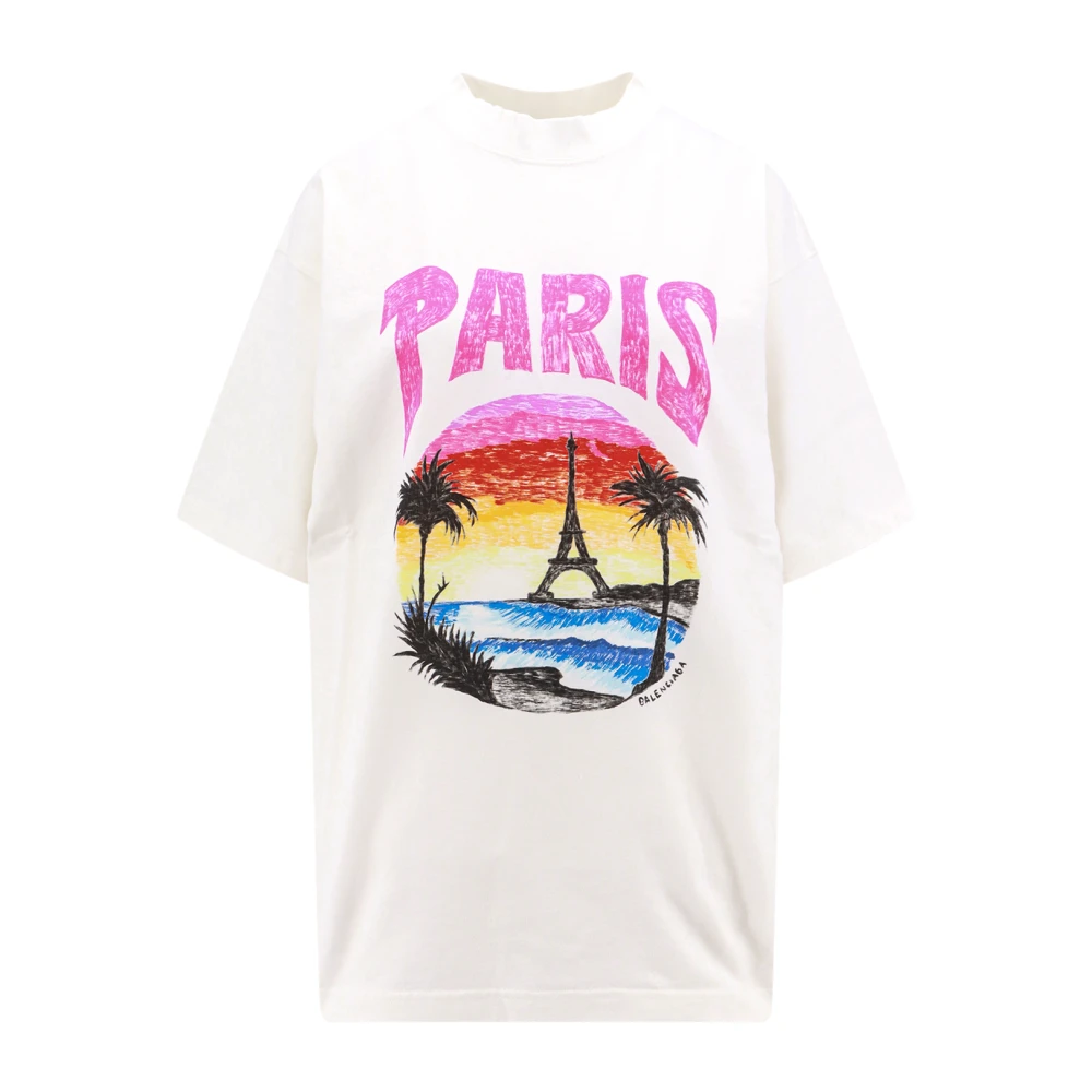 Balenciaga Paris Tropical Print Katoenen T-Shirt White Dames