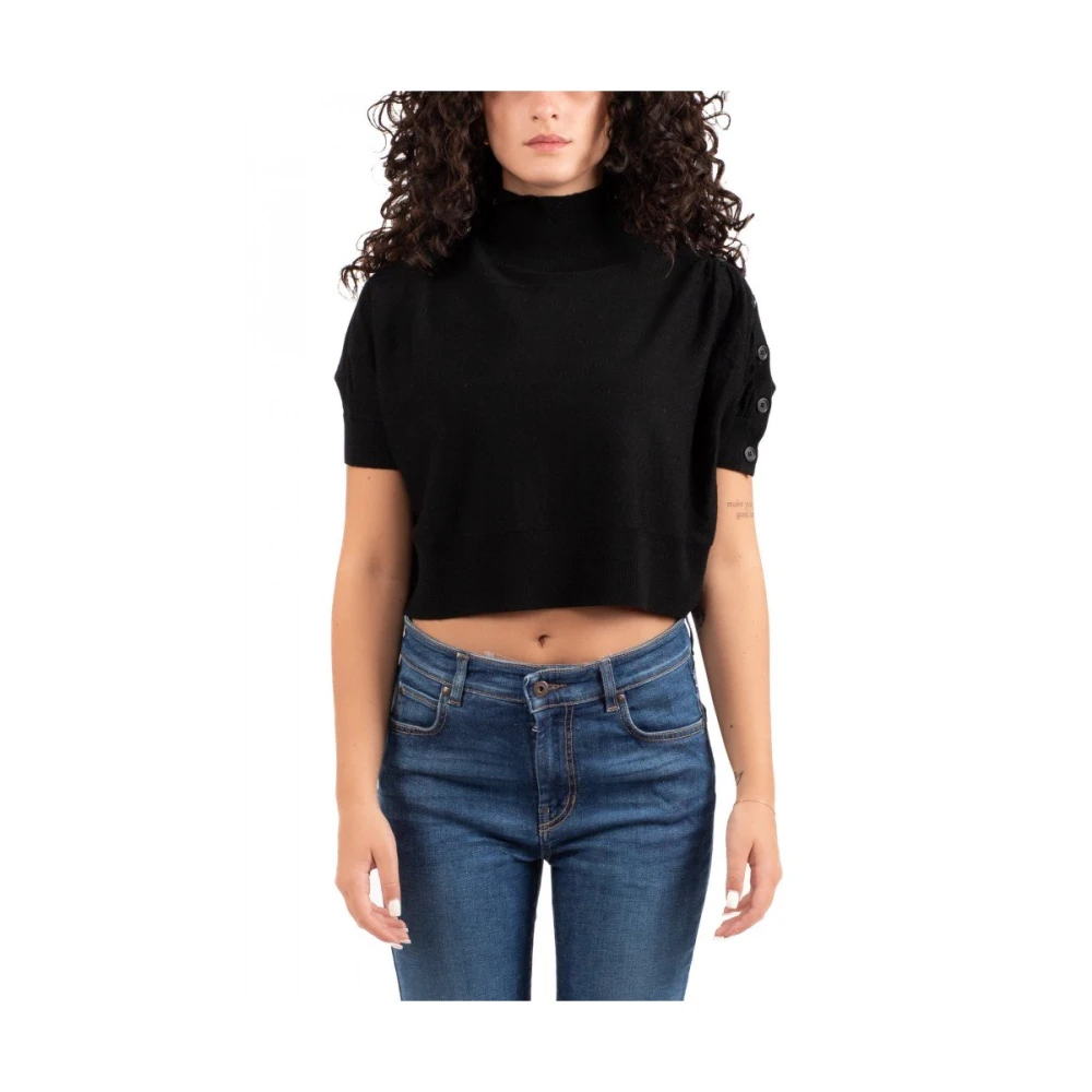 Pinko Grijze Tricot Cropped Sweater Hoge Kraag Gray Dames