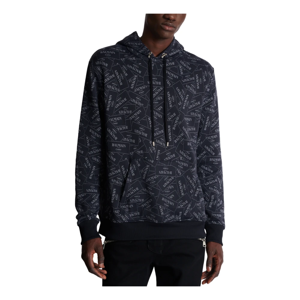 Balmain Hoodie met all-over label print Black Heren