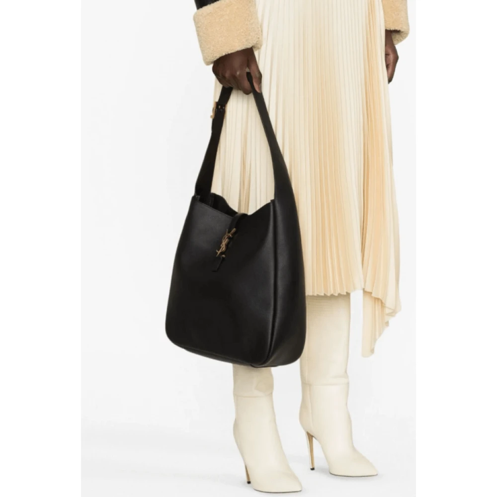 Saint Laurent Zwarte leren schoudertas met goudkleurig logo Black Dames