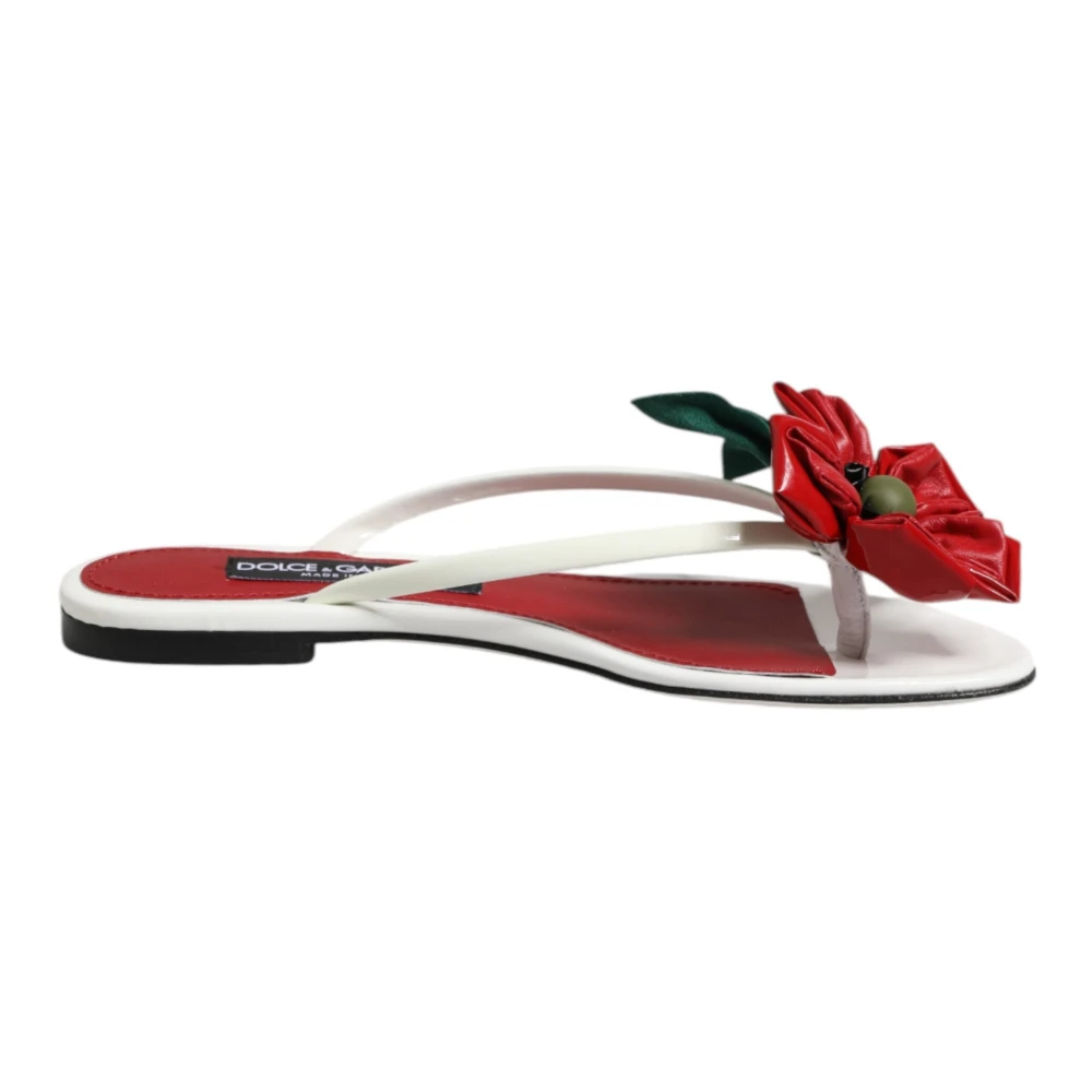 Dolce & Gabbana Women's White Flip Flops, 4 Uk, Red Keira Flower Leather Sandals