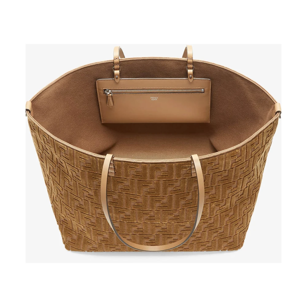 Fendi Velvet Jacquard Handtas met Kalfsleren Handvatten Beige Dames