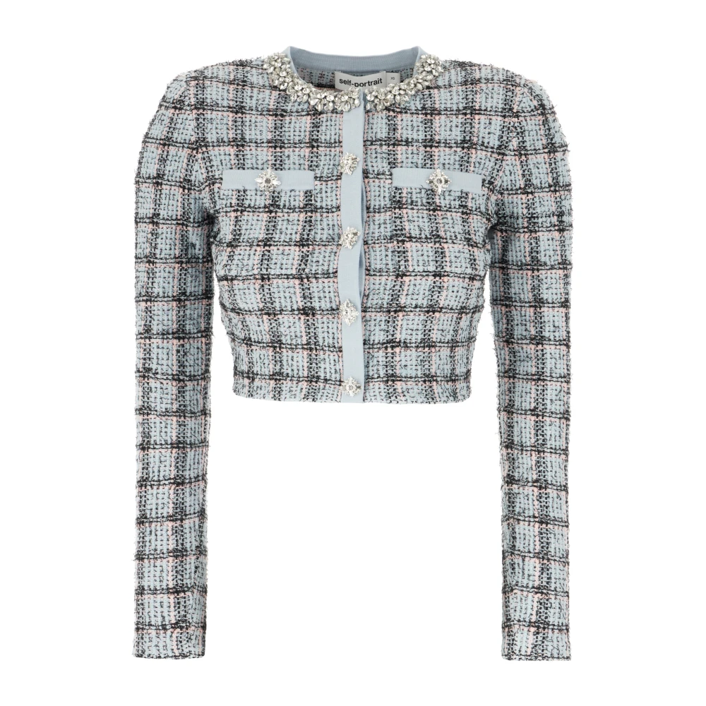 Self Portrait Women's Blue Check-Pattern Cardigan