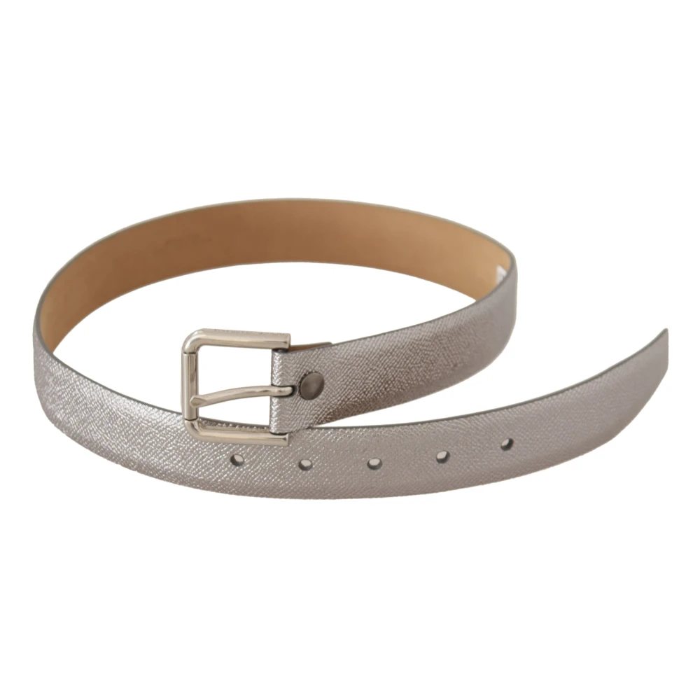 Dolce & Gabbana Zilveren Leren Riem met Gegraveerde Gesp Gray Dames